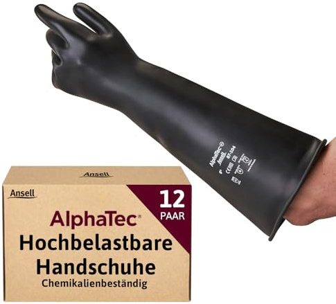 Ansell AlphaTec 87-118 Chemikalienschutz-Handschuhe aus Latex, Wiederverwendbare Chemie-Handschuhe für Industrie, Lebensmittel Geeignet, Gummi Arbeitshandschuhe, Schwarz, Größe XS (12 Paar)