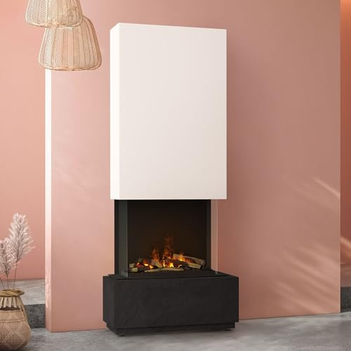 muenkel design Prato - Opti-Myst Elektro-Kamin Kaminofen - mit Heizung (Engine 56) - Breite 80cm - Naturstein Negro Schiefer Schwarz - Rauchfang weiß