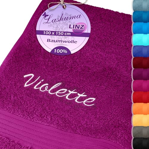Lashuma Badehandtuch Lila - Orchidee, Linz Handtuch mit Namen Stick, Duschtuch 100x150
