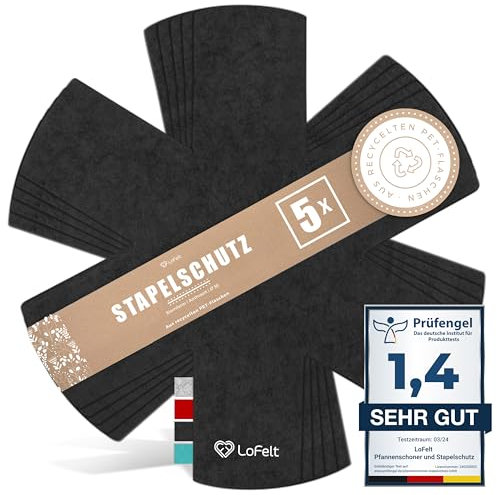 LoFelt® Pfannenschoner & Stapelschutz für Pfannen, Töpfe, Schüsseln und weitere Küchenutensilien / 5 Pfannenschoner Filz in XL Ø 38cm / Pfannenschutz aus Filz in Anthrazit, Sternform