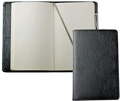 DELMON VARONE - Personalisierbares Notizbuch Etui DIN A5 aus Premium Manhattan Leder schwarz, Blanko Buch punktiert im Hardcover Einband mit Stiftschlaufe, Einschubfächer und Merkband