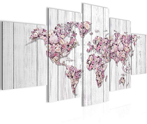 Runa Art - Bilder Weltkarte Blumen 200 x 100 cm 5 Teilig XXL Wanddekoration Design Grau Rosa 023251b