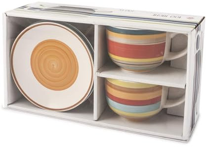 Home 100 Righe Set 2 Tazze Jumbo, con Piattino, Stoneware, cc530