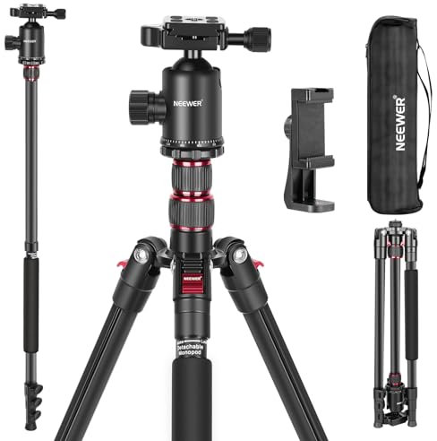 NEEWER 77 Tripod Monopod for DSLR Camera, Phone Holder Compatible with 16 15 Pro Max Plus, Lightweight Aluminum Travel Tripod w/ 360° Ball Head, 2 Axis Center Column, Arca Type QR Plate, Bag
