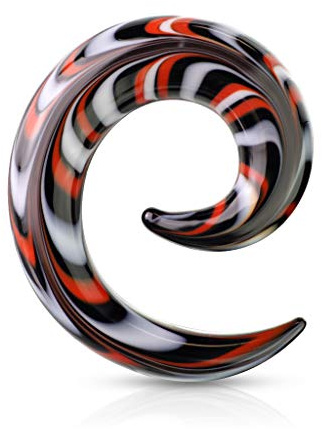 beyoutifulthings Dehn-Spirale Schwarz Rot Weiß Glas Dehnstab Dehnanhänger Dehnungs-Schnecke Dehnungs-Sichel Ohr-Piercing Ohr-Schmuck 5-16mm