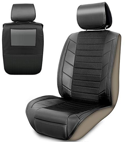 Upgrade4cars Autositzauflage Vordersitze Leder Optik Schwarz | Auto-Sitzbezüge Vorne mit Rücksitz Organizer | Auto Sitzbezug Universal
