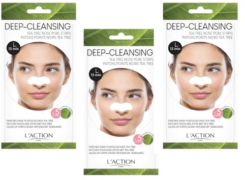 L'Action Paris Deep-Cleansing Tea Tree Nose Pore Strips, Enriched With Indian Lotus Flower Extracts, Unclogs & Deep Cleanses Pores on the Nose - 5 Pcs (3 Pack)