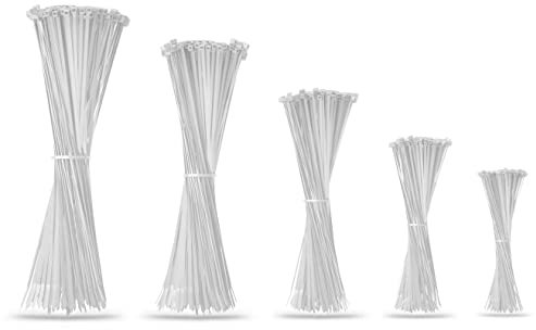 MARKEN FAKTUR® Fascette stringitubo in set da 500-5 diverse taglie - Fascette stringitubo UV-resistenti in plastica robusta e resistente - Legatura a cavo con morsetto migliorato - Magazz (Bianco)