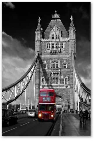 Postereck - 0121 - Roter Bus, Tower Bridge London England GB - Wandposter Fotoposter Bilder Wandbild Wandbilder - Leinwand - 60,0 cm x 40,0 cm