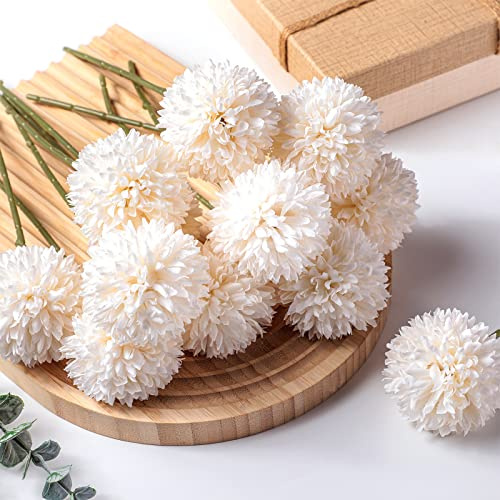 Chunyin 24 Pcs Chrysanthemum Flowers Artificial Ball Flower Bouquet Long Stem Floral Chrysanthemum Faux Hydrangea Boho Floral Table Centerpieces for Wedding Home Kitchen Party Decorations Gifts(White)