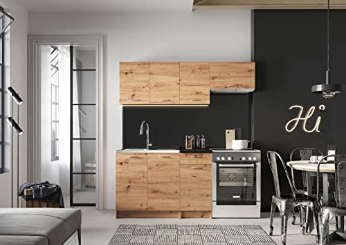 PEGANE Cuisine complète Mila 5 éléments Couleur chêne Artisan avec Plan de Travail Inclus - Longueur 120/180 cm