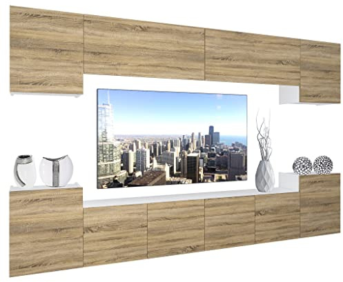 BELINI Wohnwand Vollausstattung Wohnzimmer-Set Moderne Schrankwand mit LED-Beleuchtung Anbauwand TV-Schrank Sonoma Eiche