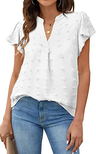 PASUDA Chemise Femme Chic et Élégant Blouse Col V Manches Courtes Chemisier Chiffon Décontracté D'été Couleur Unie T Shirt Haut Ample Tunique (Blanc, S)