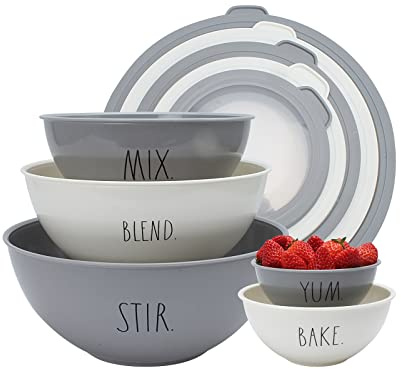 Rae Dunn Mixing Bowls with Lids - 10 Piece Plastic Nesting Bowls Set includes 5 Prep Bowls and 5 Lids (Grey)