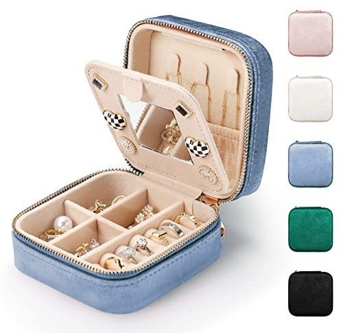 Etercycle Schmuckkästchen Reise, Samt Schmuckschatulle mit Spiegel Tragbare Schmuckbox Schmuckaufbewahrung für Ringe, Ohrringe, Halsketten und Armbänder (Blau)