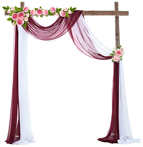 SHTGOI 2 Stück Hochzeitsbogen Vorhang Hochzeit Bogenvorhäng Tüll Drapierstoff Traubogen Querbehang Gardine Hochzeitsdekoration Hintergrund Gaze Vorhänge für Fotografie 75 * 600cm Weiß+Weinrot