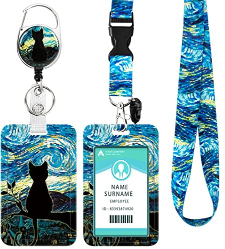 DUOUPA Ausweishülle mit Band, Ausziehbarer Schlüsselanhänger Badge Holder, Schlüsselband mit Karabiner für Frauen, Lehrer, Krankenschwester, Doktor, Student(Schwarze Katze)
