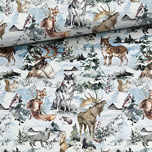 100x150cm Tiere Baumwollstoff im Schnee - Kinderstoff mit Waldtiere im Winter - Stoffe zum Nähen für Kinder - Premium Baumwollstoffe mit Wintermotiv - keine Meterware - Wolf Elch Fuchs Bergliebe