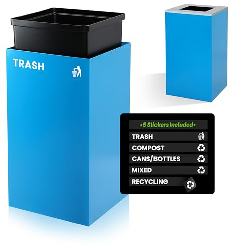 Alpine Commercial Indoor Recycle Bin with Lid - 29 Gallon Blue Recycle Bin Recycle Trash Can Office Recycling Bins, Metal Recycling Container with Stickers & 3 Optional Lids Sold Separately