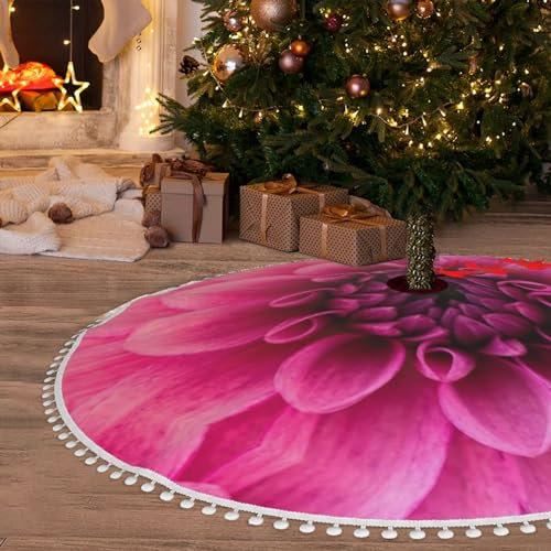 Weihnachtsbaumdecke mit Pompom-Besatz, 121,9 cm, Weihnachtsbaumschmuck, Matte, rosa Dahlie, doppellagig, Weihnachtsbaumrock für Weihnachtsdekoration