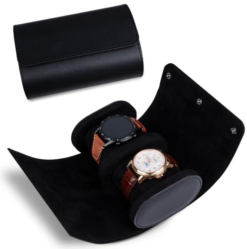 RoYiio 2 Slots Zylindrische Uhrenbox, Uhrenrolle Reisetasche Vintage Uhrengehäuse für Männer Frauen - Schwarz Upgrade-Version