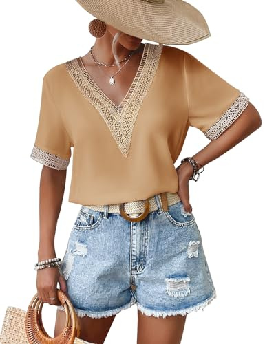CMTOP Damblus, sommar, elegant, V-ringad bluströja, kortärmade toppar, spetsar, urholkning, blus, casual, chiffong, toppar, ledig, enfärgad, muslin, blus, lös, damskjorta, kaki, S