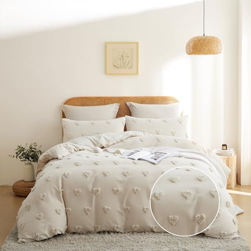 Freyamy Boho Bettwäsche 135x200cm Beige Getuftet Herz Bettwäsche-Sets Stickerei Shabby Chic Bettwaren-Sets Microfaser Mädchen Deckenbezug 1 Bettbezug mit Reißverschluss und Kissenbezug 80x80cm