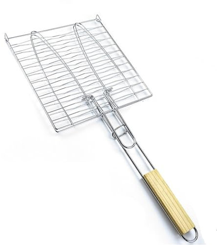 Bayli Fischbräter für 2 Fische | 23,5 x 23,5 cm Fischgriller für Grill mit Holzgriff | Fischkorb | Fischhalter mit Klammer | Fisch-Grillzange für Gemüse, Garnelen | Faltbare Fischzange | Grillzubehör