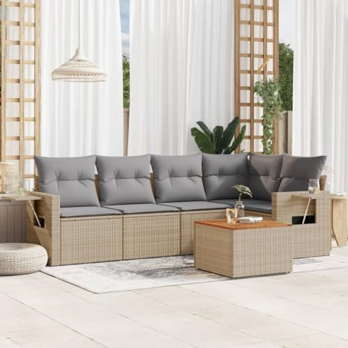 Rantry 6-TLG. Gartenmöbel Set mit Kissen Gartensofa Balkonmöbel Gartenlounge Loungesofa Ecksofa Rattansofa Ecklounge Sitzgruppe mit Gartentisch Loungemöbel Beige Poly Rattan