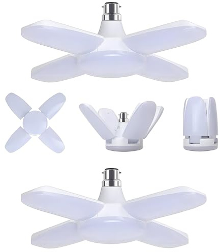 HUAMu Lampe de Garage à Baïonnette B22 60W, Blanc Froid 6500K 6000Lm éclairage de Plafond à LED Déformable avec 4 Panneaux Ajustables, pour Garages, Sous sols, Entrepôts, Gymnases (lot de 2)