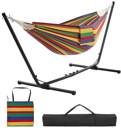Yaheetech Amaca da Giardino Esterno con Supporto Struttura Regolabile Carica 200 kg Pieghevole Portatile con Borsa di Trasporto in Ferro Poliestere e Oxford per Piscina Campeggio Strisce Rainbow