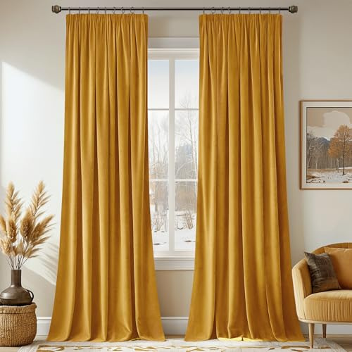 MIULEE Samtvorhang Kräuselband Blickdicht 2er Set Senfgelb 140x260cm | Samtvorhang schwer blickdicht, thermische Isolierung, Kräuselband, edler Look für Wohn- und Schlafzimmer
