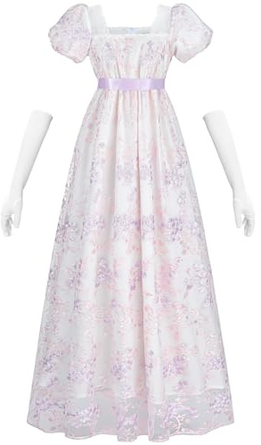 Fiamll Robe de bal Regency pour femme - Taille empire - Robe de bal - Costume Renaissance cottagecore avec gants