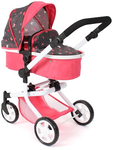 Bayer Chic 2000® Passeggino per bambole 2 in 1 Mika - Corallo Butterfly - Pieghevole - Manico regolabile in altezza 47-80 cm - Telaio moderno - Bambole fino a 52 cm - 4-8 J