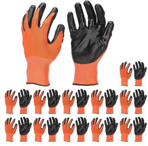 PATIKIL Safety Work Gloves Nitrile Coated, 12 Pair Non-slip Gardening Gloves Seamless Knit Working Gloves with Grip for Women Men Warehouse, Orange Red, Large Size