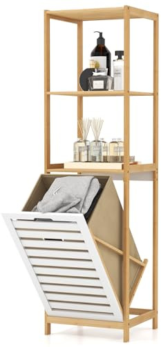 Giantex Tilt Out Laundry Hamper - Laundry Hamper Cabinet with 3 Tier Storage Shelves, Removable Laundry Basket, 51 Tall Freestanding Bamboo Tower Hamper Organizer for Bathroom Small Space