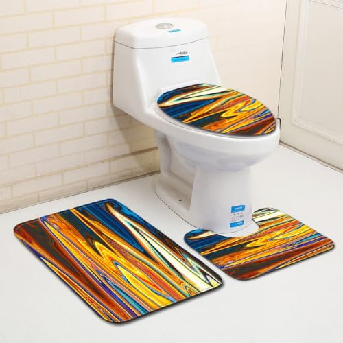 Bad Teppiche Set 3-Teiliges Abstraktes Orange Blau WC Vorleger Mit Ausschnitt Badematte Saugfähig WC Deckelbezug Badvorleger rutschfest Waschbar Toilettensitzbezug Badgarnitur (45x75cm)