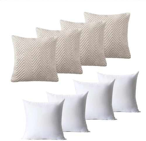 BedLooms Cushions with Covers Included 45 x 45 cm Set of 8 (4 Beige Cushion Covers, 4 Cushion Inserts) Ultrasonic Square Throw Pillow Cases Decorative Sofa Cushion with Invisible Zipper