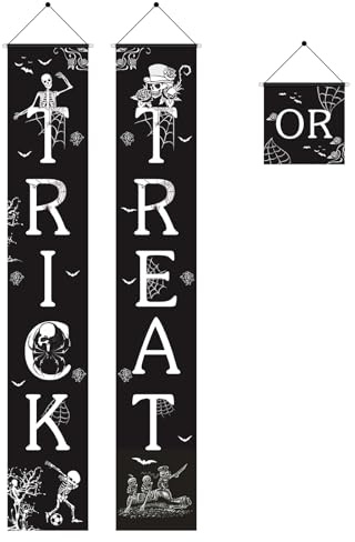 3 Pieces Halloween Door Banner - Trick or Treat Party Decorations, Black Skull Porch Sign for Outdoor Indoor Scary Garden Party Supplies