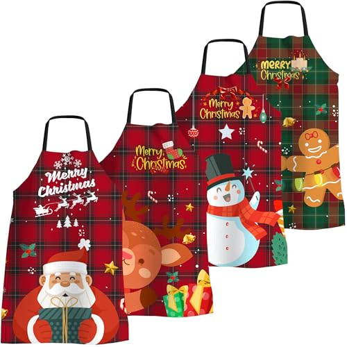 4 Stück Weihnachtsschürze Lustig Weihnachten Kochschürze für Frauen Männer | Küchenschürze mit Verstellbare Träger, Lange Gürtelbänder, Wasserdichte Schürze für Küche Backen Grillparty Weihnachtensparty