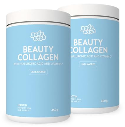Bodywish Hydrolysiertes Kollagen Pulver Hochdosiert (2x 450g) | Premium Hyaluron Pulver hochdosiert, Biotin Vitamine & Mineralstoffe | Beauty Kollagen Hydrolysat | Glow Collagen Peptide Typ 1 & 3