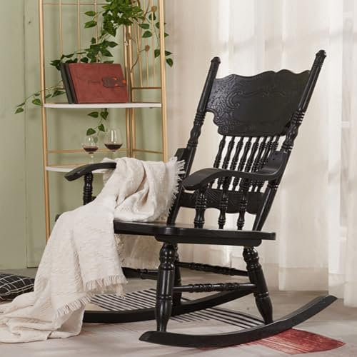 French Wooden Outdoor Patio Furniture Solid Wood Carved Rocking Chair, Recliner Retro Medieval Living Room Chairs - Balcony Leisure Patio Chairs For The Elderly - Load-bearing 100kg/220lbs (Colo