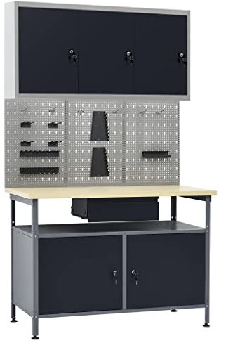 Werkbank mit 3 Werkzeugwänden und 1 Wandschrank, Arbeitstisch, 300 kg Tragkraft, Hobelbank, Montagetisch für Garage, Werkstatt und Schuppen, 120 x 60 x 85 cm