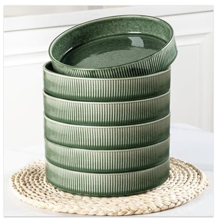 GBhome Steingut Suppenteller 19cm, Tiefe Teller Set Für 6 Pers. Kratzfeste Pasta Teller Tief Groß Für Spülmaschine, Mikrowelle,Immergrün