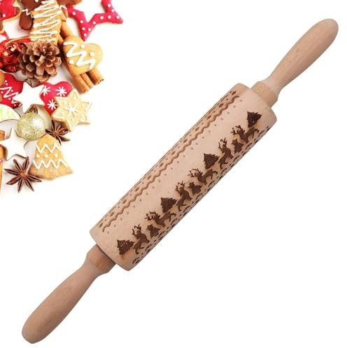 Mattarello per goffratura natalizia, rullo per biscotti in legno da 35 cm, con renna, albero e fiocco di neve, per dolcetti fai da te