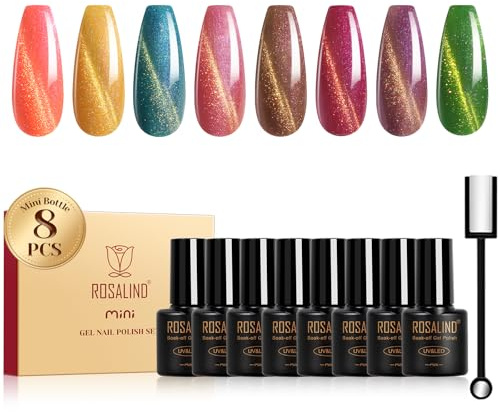Rosealind UV-nagellack, kattögon, 8 färger, rosa, guld, blå, lila, brun, regnbåge, magnetiska kristaller, gel, nagellack, kattöga, blötläggning, minigel, nagelpolish, guldtråd för nagelkonst, manikyr