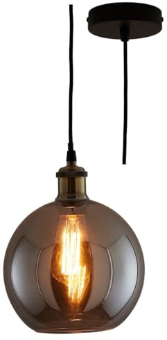 Britalia Matt Black Pendant Light, Smoked Glass Globe Dome Shade, 20cm