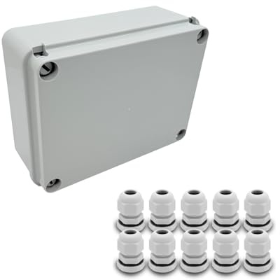 ARLI Abzweigdose IP67 190x145x80 mm + 10x Kabelverschraubung M16x1,5 mm Grau Aufputzdose Feuchtraumdose halogenfrei ohne Vorprägung inkl. Deckel mit Dichtung & Gegenmuttern