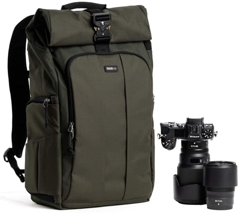 Think Tank FocusPoint 30L RollTop Camera Backpack - Greenway: Expandable Travel & Camera Backpack with Laptop Sleeve, Quick Side and Back Access, Rain Cover – Versatile Photography & Travel Bag
