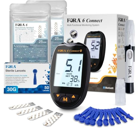 FORA 6 Connect mmol/L 3-in-1 Messgerät mit 50 Teststreifen für Blutzucker+ 60 Lanzetten | Bluetooth & App-Synchronisation | Ideal bei Anämie & Blutzucker-Kontrolle